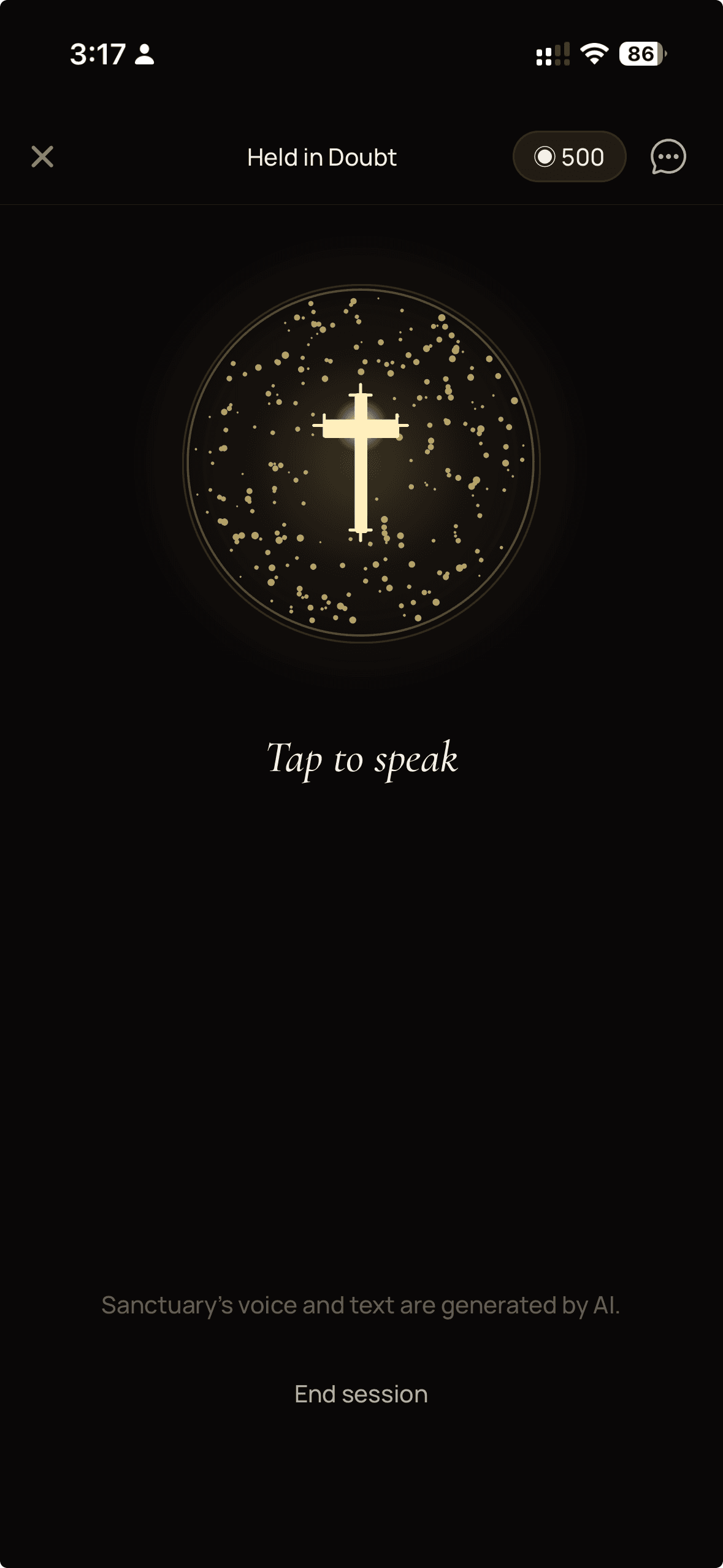 Sanctuary voice prayer screen — a warm gold orb glows as Sanctuary listens.